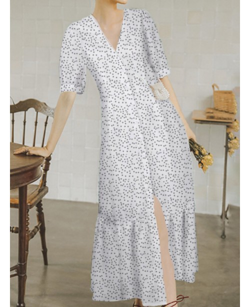 Polka Dot Print V-neck Short Sleeve Buttons Summer...