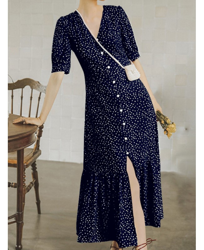 Polka Dot Print V-neck Short Sleeve Buttons Summer Beach Holiday Shirt Dress - Black S