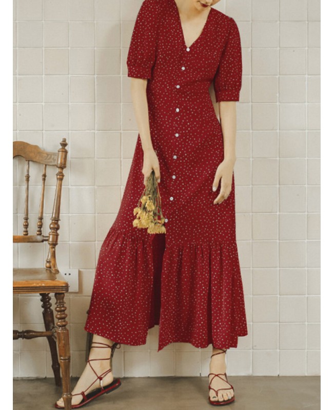 Polka Dot Print V-neck Short Sleeve Buttons Summer Beach Holiday Shirt Dress - Black S