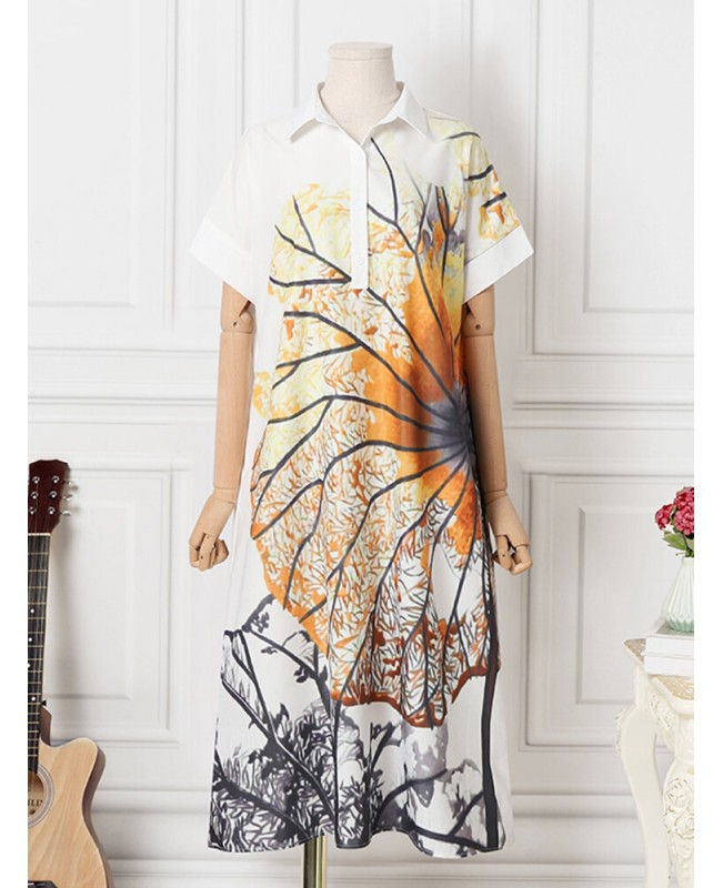 Plant Print Pocket Button Lapel Short Sleeve Shirt Dress - Yellow S
