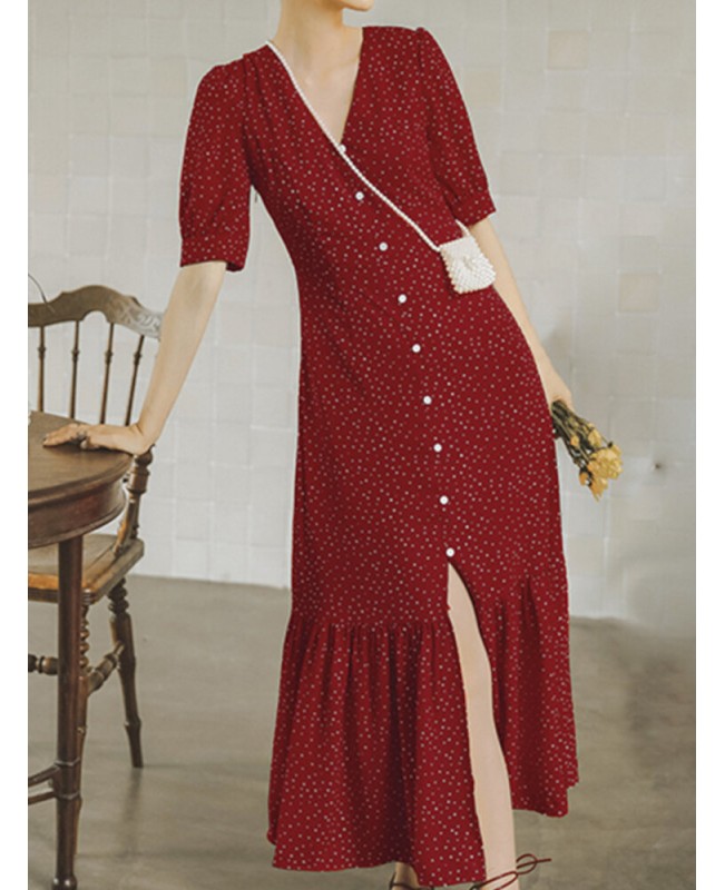 Polka Dot Print V-neck Short Sleeve Buttons Summer Beach Holiday Shirt Dress - Black S