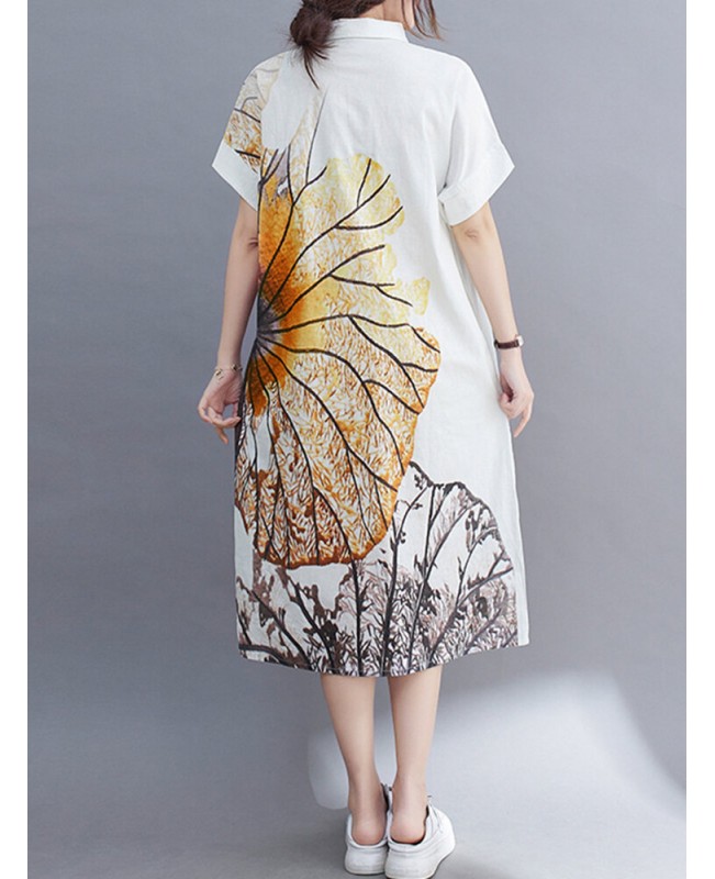 Plant Print Pocket Button Lapel Short Sleeve Shirt Dress - Yellow S