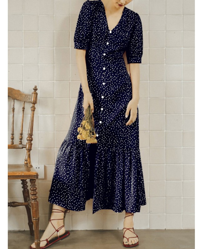 Polka Dot Print V-neck Short Sleeve Buttons Summer Beach Holiday Shirt Dress - Black S