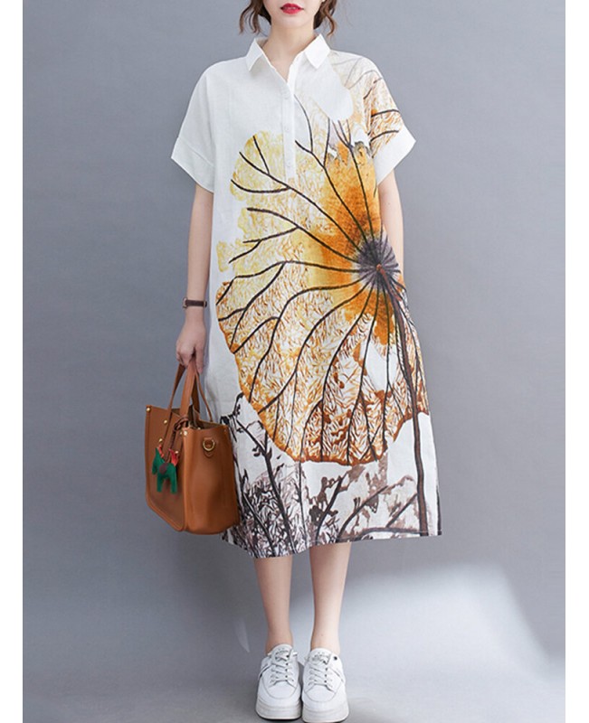 Plant Print Pocket Button Lapel Short Sleeve Shirt Dress - Yellow S