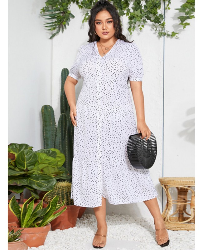 Polka Dot Print V-neck Short Sleeve Buttons Summer Beach Holiday Shirt Dress - Black S