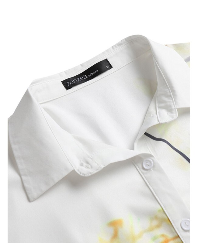 Plant Print Pocket Button Lapel Short Sleeve Shirt Dress - Yellow S