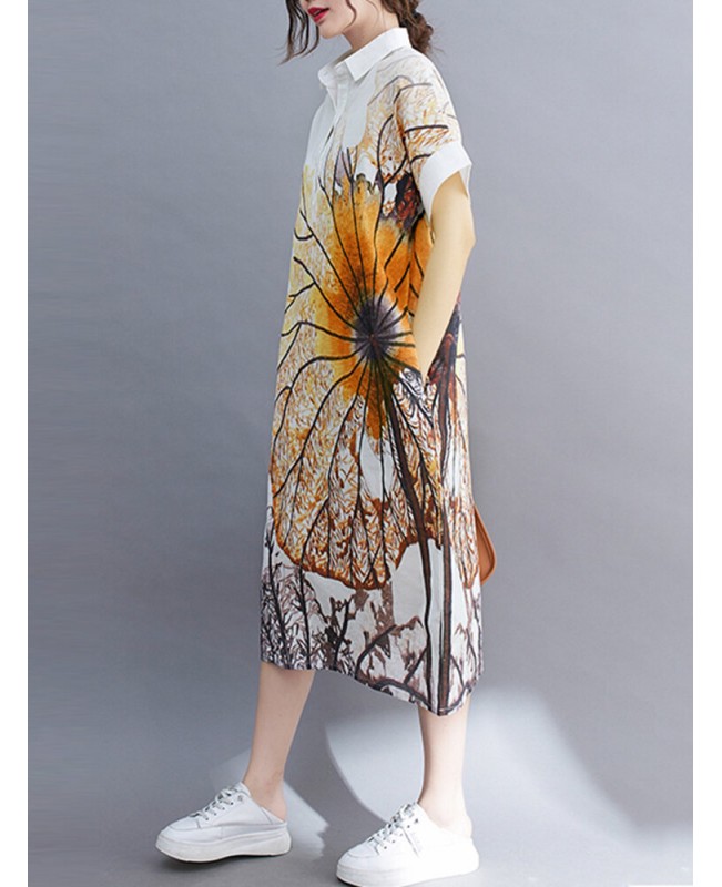 Plant Print Pocket Button Lapel Short Sleeve Shirt Dress - Yellow S