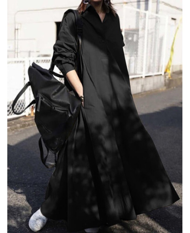 Women Solid Color Turn-down Collar Long Sleeve Button Casual Shirt Dresses With Pocket - Black S
