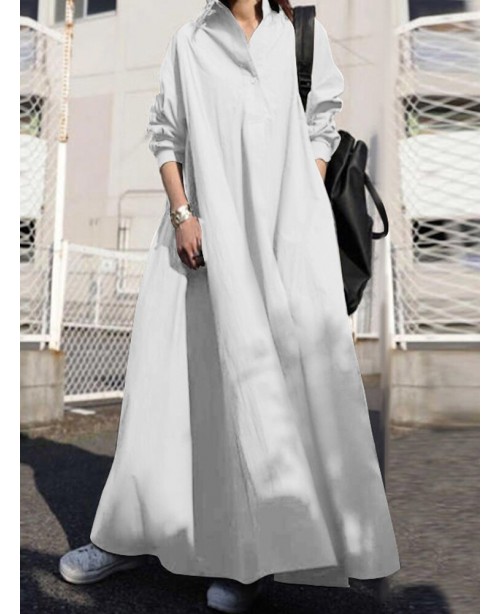 Women Solid Color Turn-down Collar Long Sleeve But...