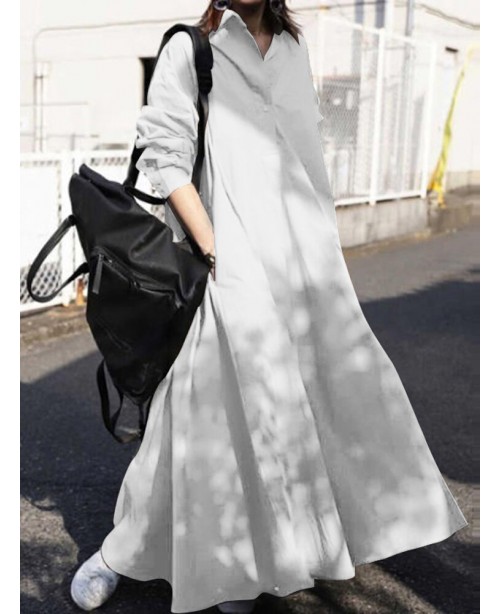 Women Solid Color Turn-down Collar Long Sleeve But...