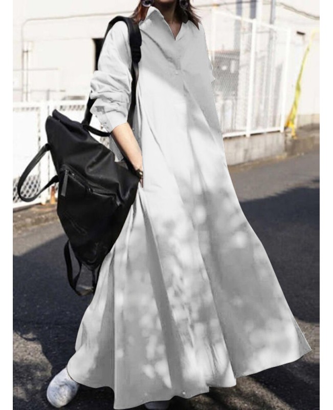 Women Solid Color Turn-down Collar Long Sleeve Button Casual Shirt Dresses With Pocket - Black S