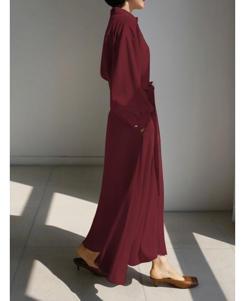 Solid Belt Long Sleeve Loose Button Down Shirt Dre...
