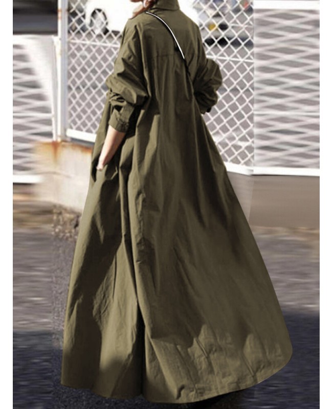 Women Solid Color Turn-down Collar Long Sleeve Button Casual Shirt Dresses With Pocket - Black S