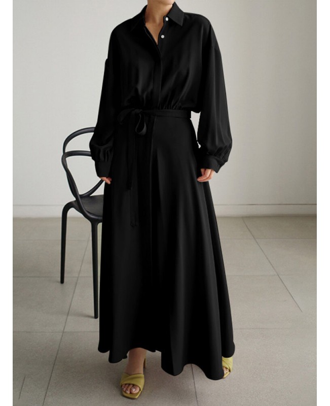 Solid Belt Long Sleeve Loose Button Down Shirt Dress - Black S