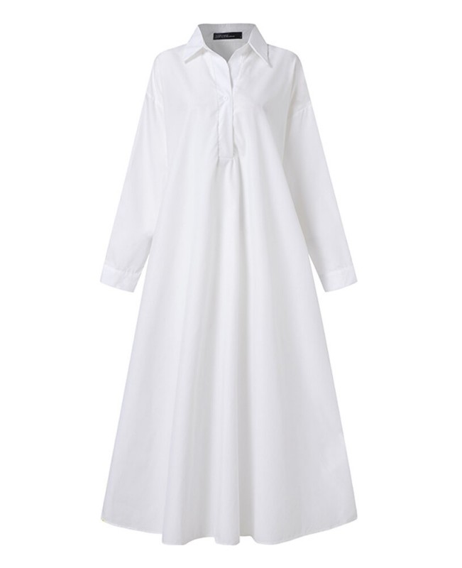 Women Solid Color Turn-down Collar Long Sleeve Button Casual Shirt Dresses With Pocket - Black S