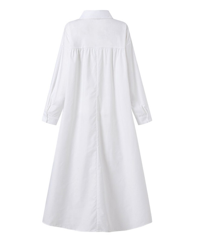 Women Solid Color Turn-down Collar Long Sleeve Button Casual Shirt Dresses With Pocket - Black S