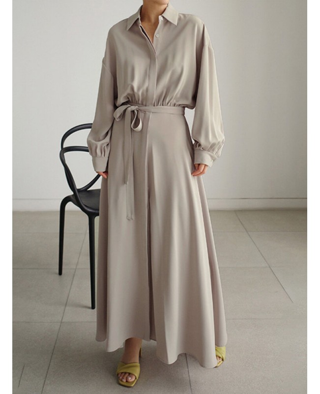 Solid Belt Long Sleeve Loose Button Down Shirt Dress - Black S