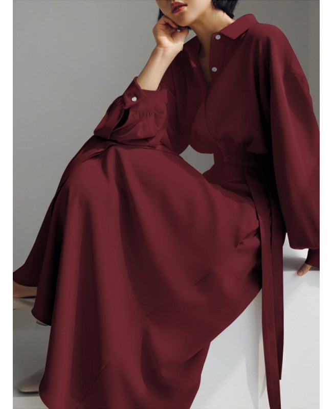 Solid Belt Long Sleeve Loose Button Down Shirt Dress - Black S
