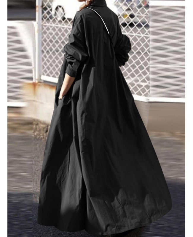 Women Solid Color Turn-down Collar Long Sleeve Button Casual Shirt Dresses With Pocket - Black S