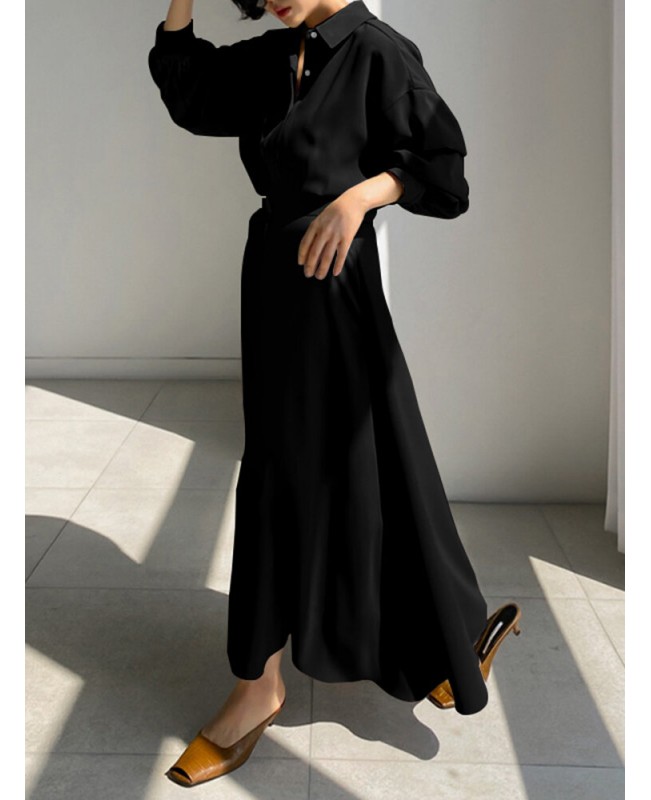 Solid Belt Long Sleeve Loose Button Down Shirt Dress - Black S