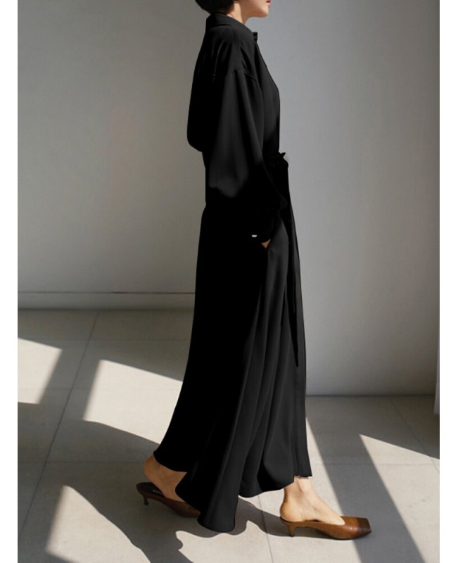 Solid Belt Long Sleeve Loose Button Down Shirt Dress - Black S