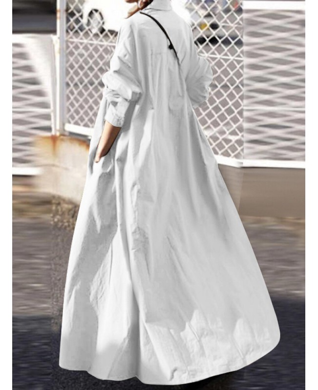 Women Solid Color Turn-down Collar Long Sleeve Button Casual Shirt Dresses With Pocket - Black S