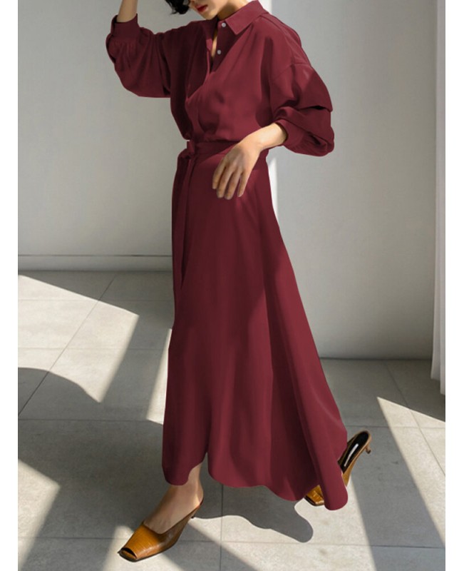 Solid Belt Long Sleeve Loose Button Down Shirt Dress - Black S