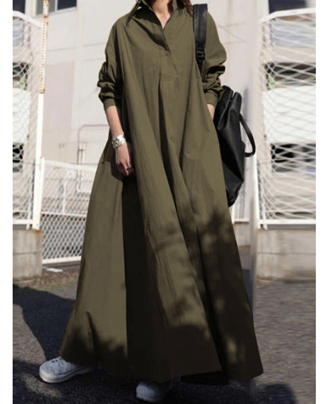 Women Solid Color Turn-down Collar Long Sleeve Button Casual Shirt Dresses With Pocket - Black S