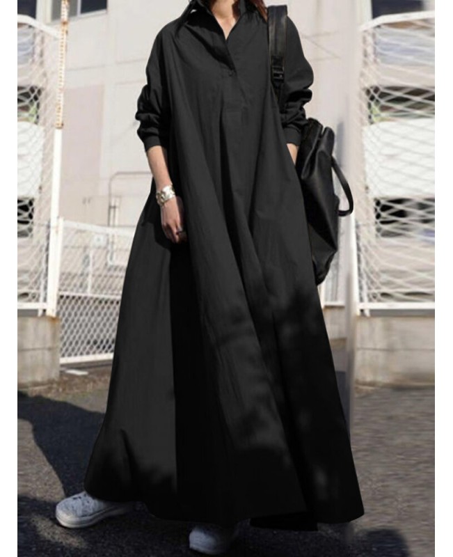 Women Solid Color Turn-down Collar Long Sleeve Button Casual Shirt Dresses With Pocket - Black S