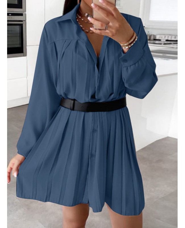 Pleated Solid Button Long Sleeve Lapel Casual Shirt Dress - Apricot S