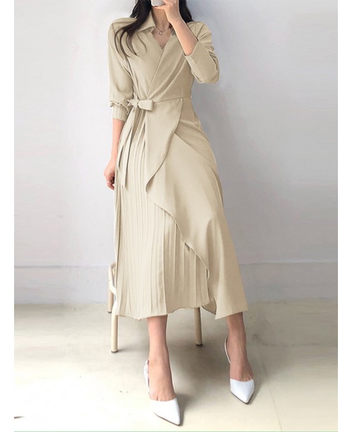 Solid Cross Front Tie Pleated Long Sleeve Lapel Sh...