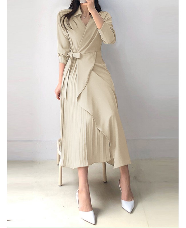 Solid Cross Front Tie Pleated Long Sleeve Lapel Shirt Dress - Black 3XL