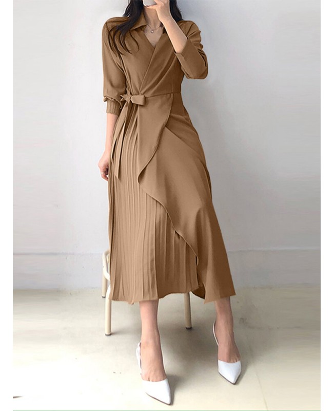 Solid Cross Front Tie Pleated Long Sleeve Lapel Shirt Dress - Black 3XL