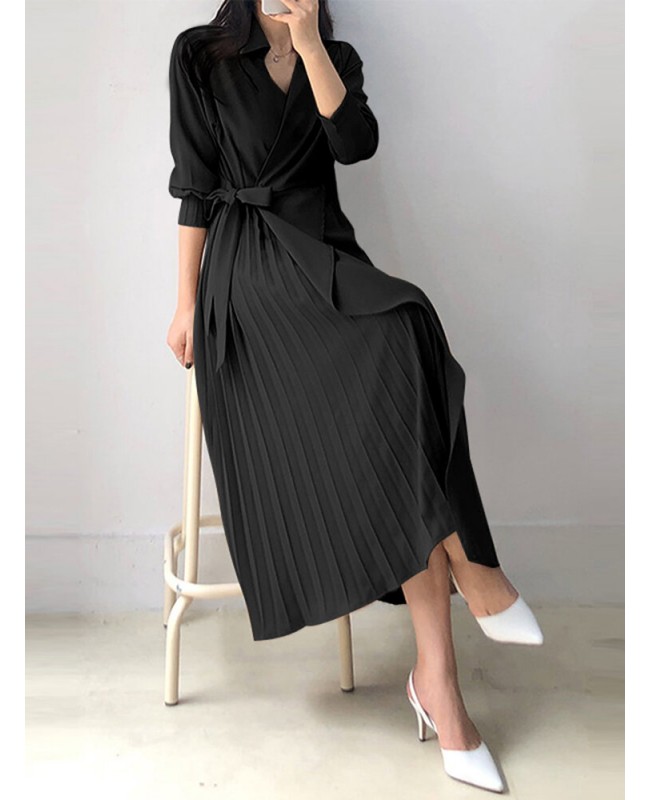 Solid Cross Front Tie Pleated Long Sleeve Lapel Shirt Dress - Black 3XL