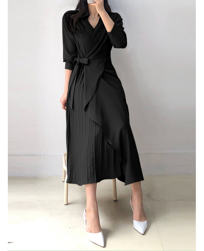 Solid Cross Front Tie Pleated Long Sleeve Lapel Shirt Dress - Black 3XL