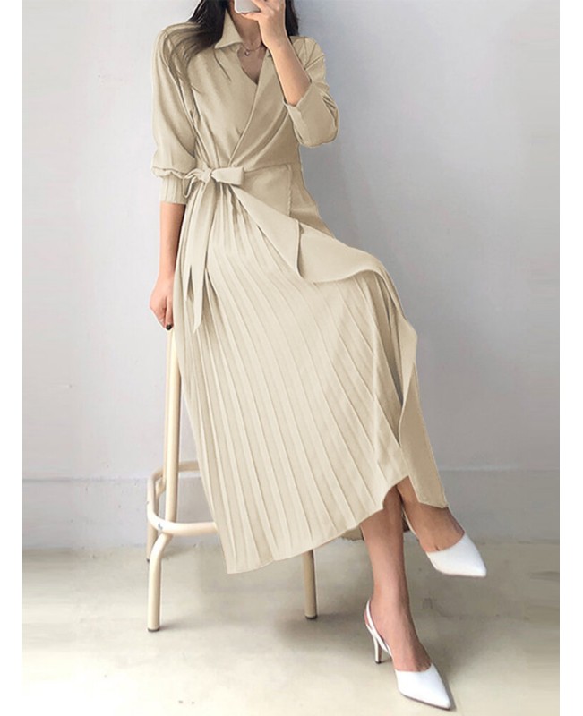 Solid Cross Front Tie Pleated Long Sleeve Lapel Shirt Dress - Black 3XL