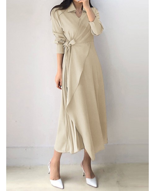 Solid Cross Front Tie Pleated Long Sleeve Lapel Sh...