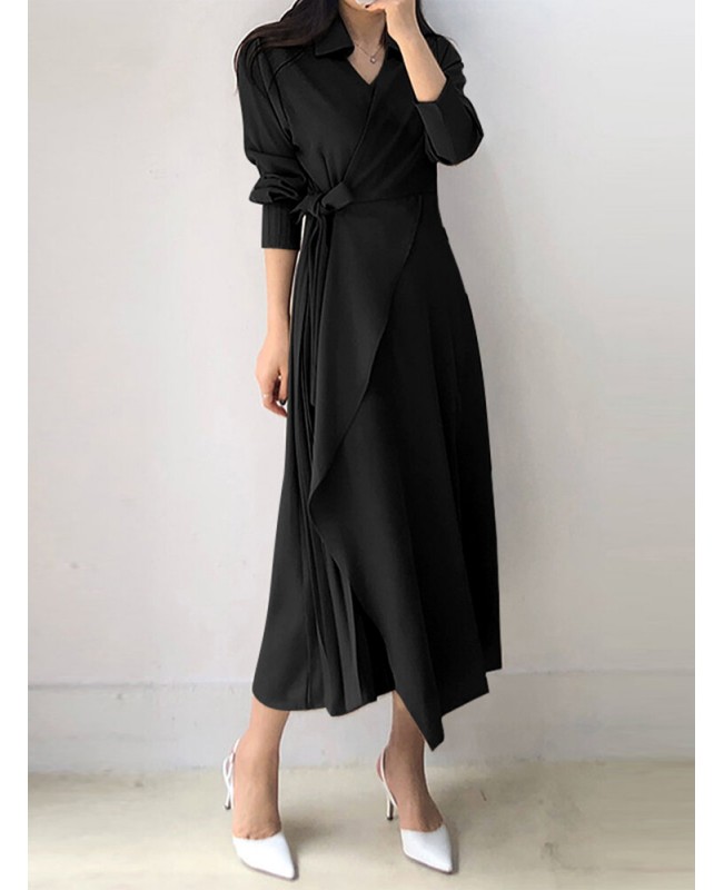 Solid Cross Front Tie Pleated Long Sleeve Lapel Shirt Dress - Black 3XL