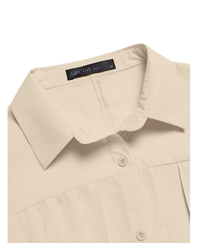 Pleated Solid Button Long Sleeve Lapel Casual Shirt Dress - Apricot S