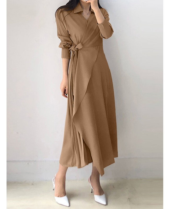 Solid Cross Front Tie Pleated Long Sleeve Lapel Shirt Dress - Black 3XL