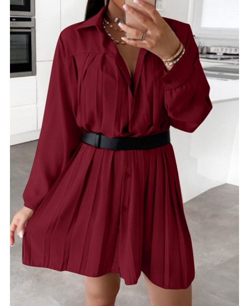 Pleated Solid Button Long Sleeve Lapel Casual Shir...