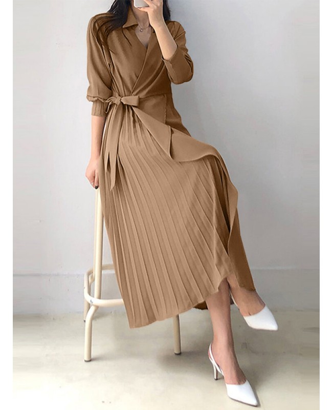 Solid Cross Front Tie Pleated Long Sleeve Lapel Shirt Dress - Black 3XL