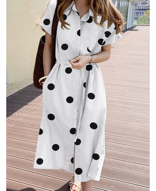 Cottagecore Polka Dot Pocket Lapel Short Sleeve Sh...