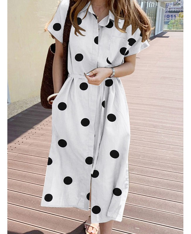 Cottagecore Polka Dot Pocket Lapel Short Sleeve Shirt Dress - Black 4XL
