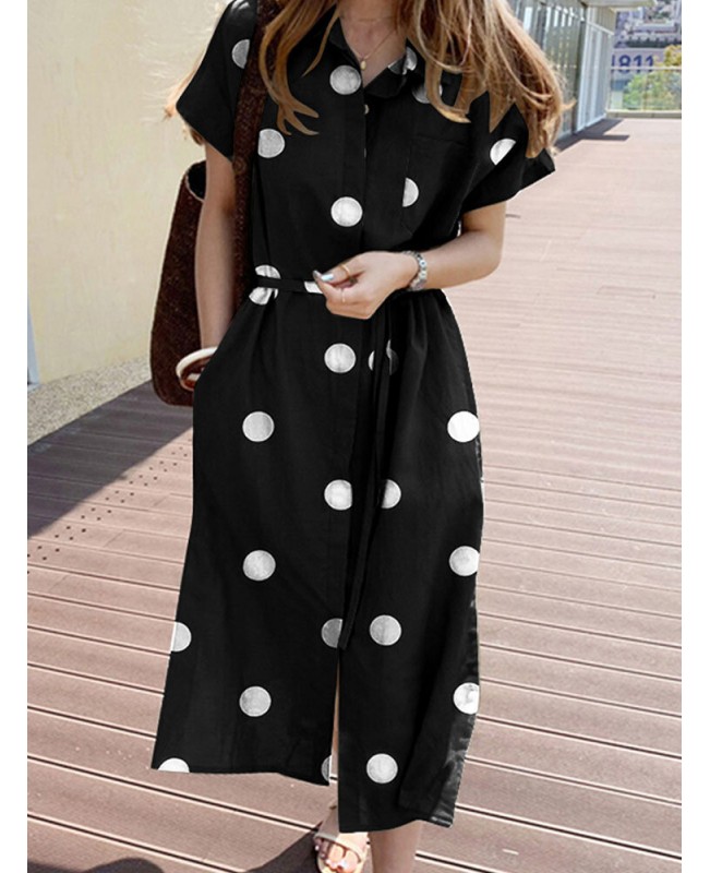Cottagecore Polka Dot Pocket Lapel Short Sleeve Shirt Dress - Black 4XL