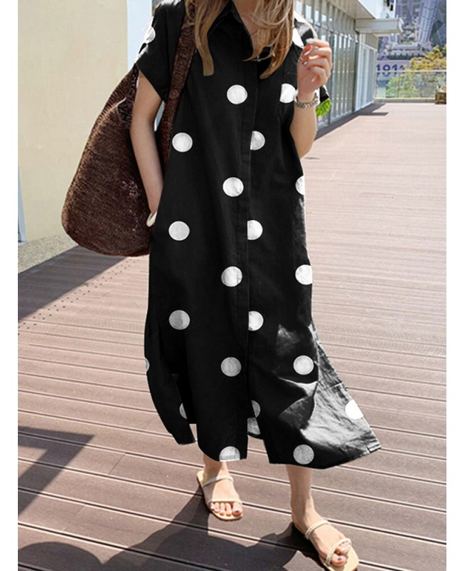 Cottagecore Polka Dot Pocket Lapel Short Sleeve Shirt Dress - Black 4XL