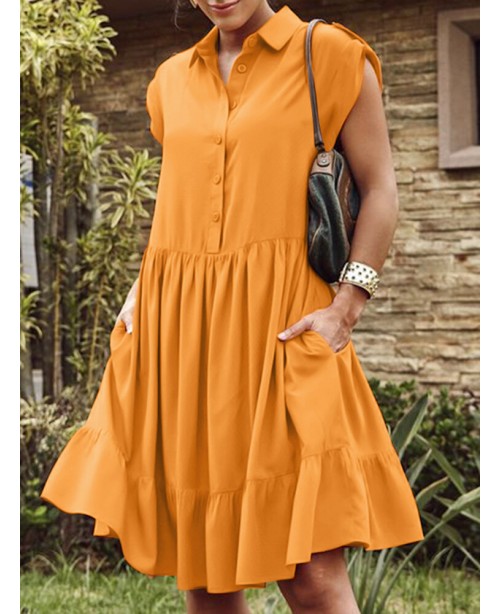 Solid Button Pocket Ruffles Lapel Short Sleeve Shi...