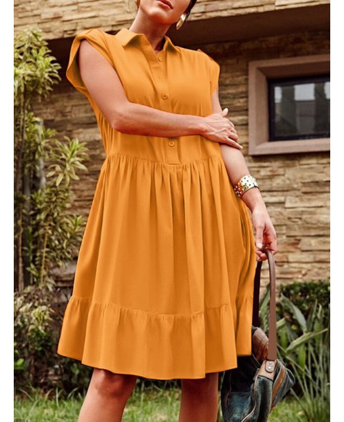 Solid Button Pocket Ruffles Lapel Short Sleeve Shi...
