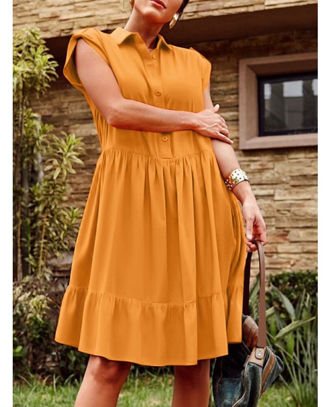 Solid Button Pocket Ruffles Lapel Short Sleeve Shirt Dress - Black S
