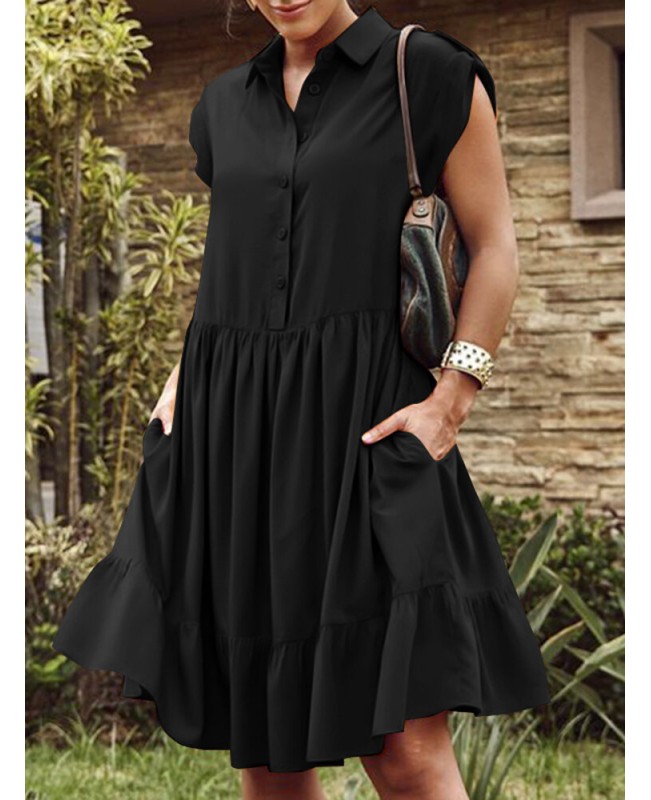 Solid Button Pocket Ruffles Lapel Short Sleeve Shirt Dress - Black S